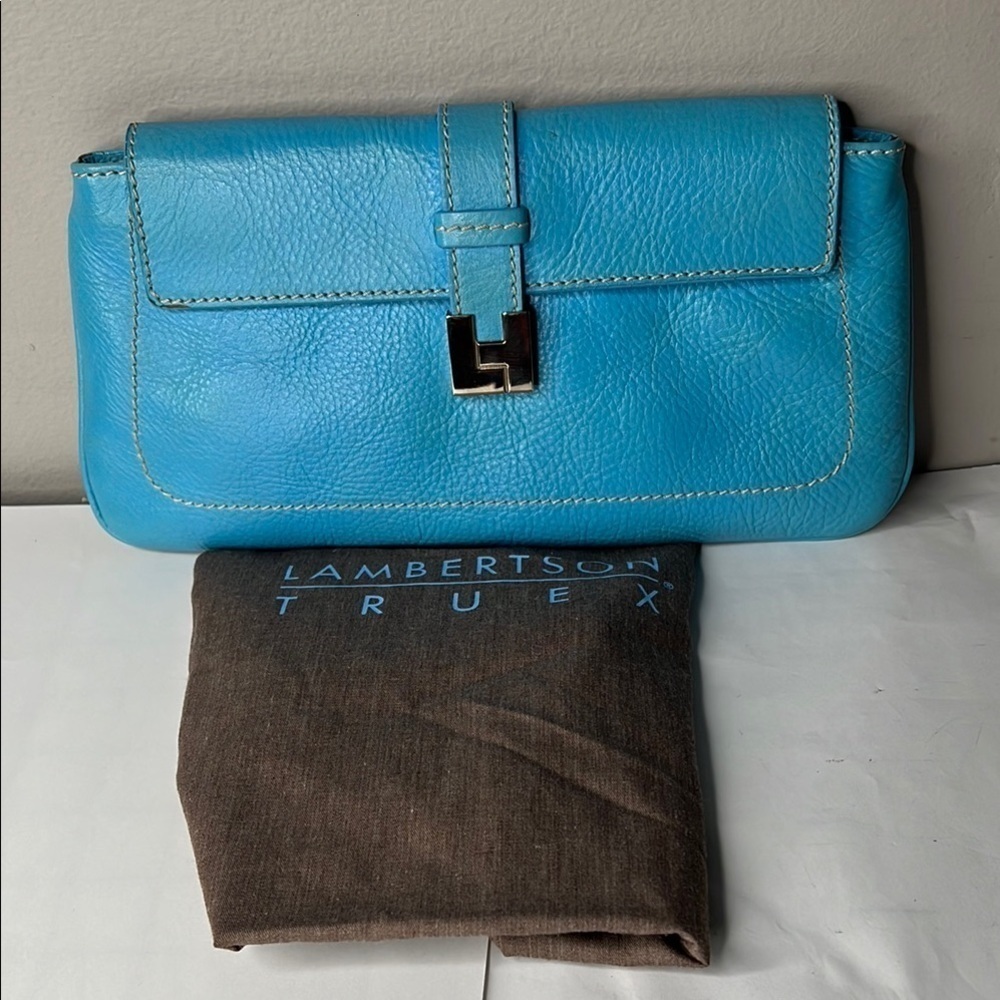 Lambertson Truex Teal Blue 11” Leather Clutch Bag